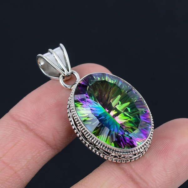 Colgante De Piedra Preciosa De Topacio MíStico, Colgante De Plata De Ley 925 SóLida, Regalo De JoyeríA Para Unisex Gray-image