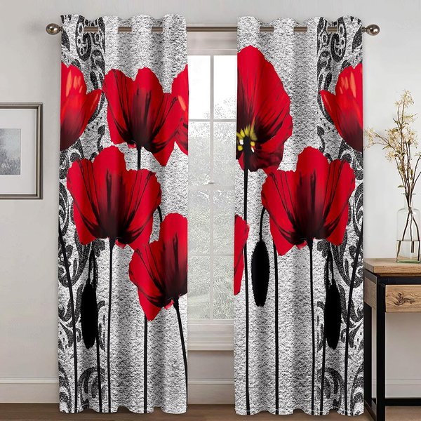2 Piezas Rojo Flor De Hoja Grande Cortinas Finas De PoliéSter Semisombreado Para Tratamientos De Ventana De Sala De Estar Cortinas Con Ojales EnvíO Gratis 2X50W130H(Cm)40X51In&Hook-image