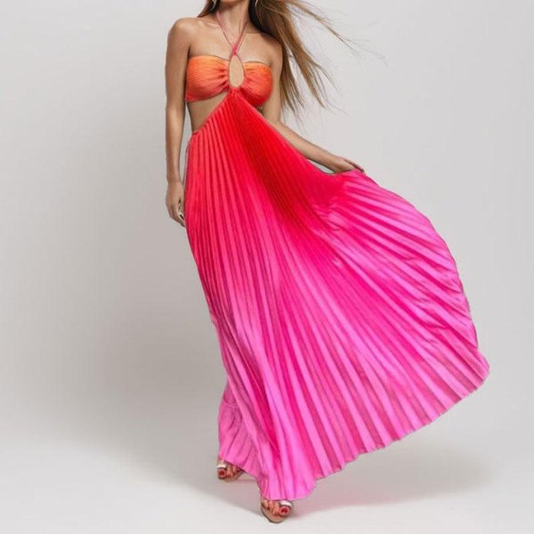 Ropa De Primavera Nueva Para Mujer, Falda Larga Sexy Con Color Degradado, Elegante Vestido Halter Con Cuello Hueco 3XL-image