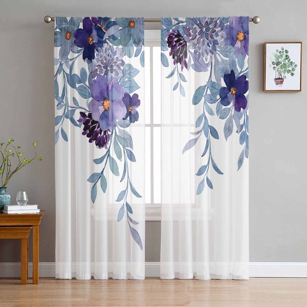Plantas De Campo Flores Acuarelas Cortinas De Dormitorio Tul Cortina Transparente Sala De Estar DecoracióN Del Hogar Cortinas De Voile 135W X 114H(Cm) Gray-image