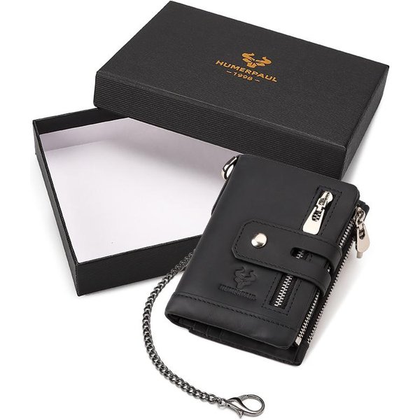 Humerpaul Cartera De Cuero Genuino Con Bloqueo Rfid Para Hombre, Monedero, Tarjetero, Cadena, Billetera Plegable Delgada Negro-image