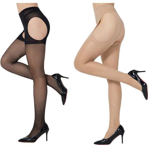 1/2 Pares Medias Transparentes Para Mujer Con Entrepierna Abierta Cintura Alta Medias De Ligero Body Medias Sexys 4 Lados Huecos M-image