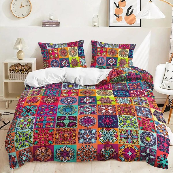 Juego De Ropa De Cama Bohemio 3D Flores Boho Funda NóRdica Fundas De Almohada TamañO Queen King 2/3 Piezas Ropa De Cama Para Mujer Pareja AU Single(140X210Cm)-image