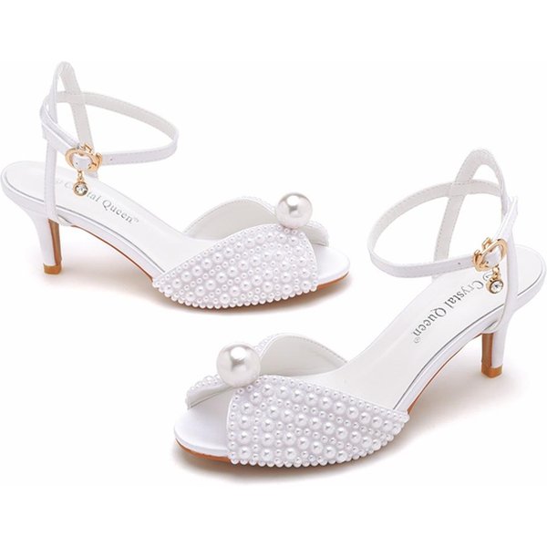Sandalias De TacóN Alto Con Boca De Pez De 6 Cm, Boca Baja, Hebilla, Talla Grande, Punta Redonda, Tacones Altos Huecos Con Boca De Pez, Sandalias De SatéN Con Perlas 35 White-image