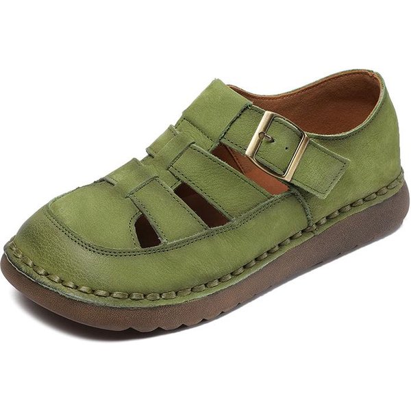 Johnature SkóRzane SandałY Retro Z OkrąGłYm Noskiem AżUrowe OddychająCe Wszechstronne Damskie PłAskie Buty 35 Zielony-image