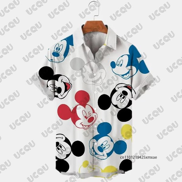 2026 Disney Mickey Mouse Dibujo Animado Estampado Verano HawáI Hombres Solapa Manga Corta Camisa Casual Playa Vacaciones Oversize Adulto Top L Gray-image