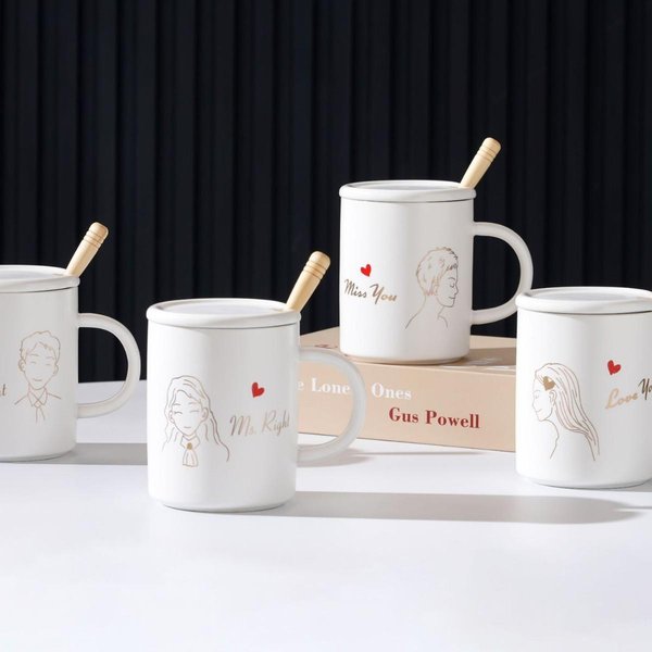 Traje De Pareja Con Cuchara De Cubierta Taza De CeráMica Abertura PequeñO Regalo Taza Para NiñAs Resistencia A Altas Temperaturas Gran Capacidad Vaso De Agua Para Uso DoméStico 450ML-image