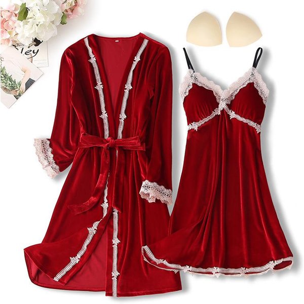 Conjunto De Dos Piezas De Terciopelo OtoñO Invierno Bata Set Ropa De Dormir Para Mujer Sexy Patchwork Encaje CamisóN Kimono Bata Bata Suelta Velour Vestido Para Casa L Gray-image
