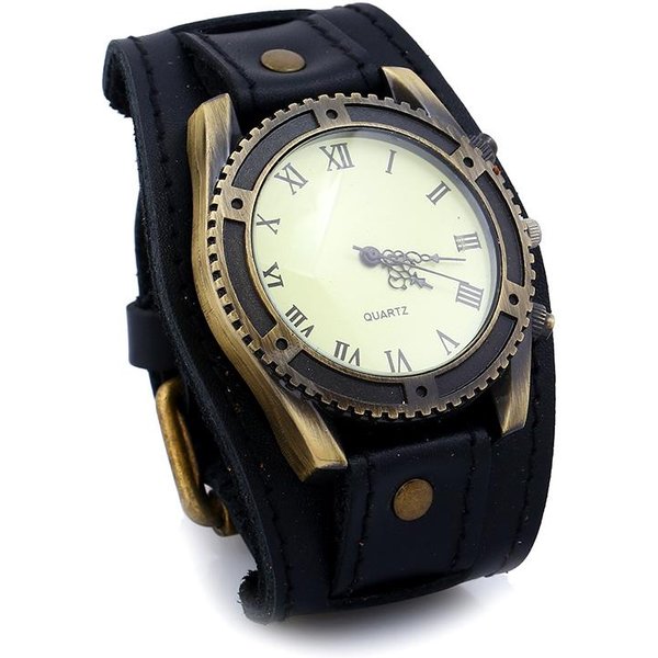 Reloj Retro Grande Ancho Correa De Cuero Genuino Hombre Punk Reloj De Pulsera De Cuarzo Relojes De Pulsera Pulsera Reloj De Pulsera Inusual Gray-image