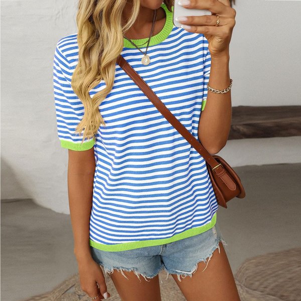 Damska Moda LuźNy OkrąGłY Dekolt Paski Kolor Kolizja KróTki RęKaw T-Shirt Top M Niebieski-image