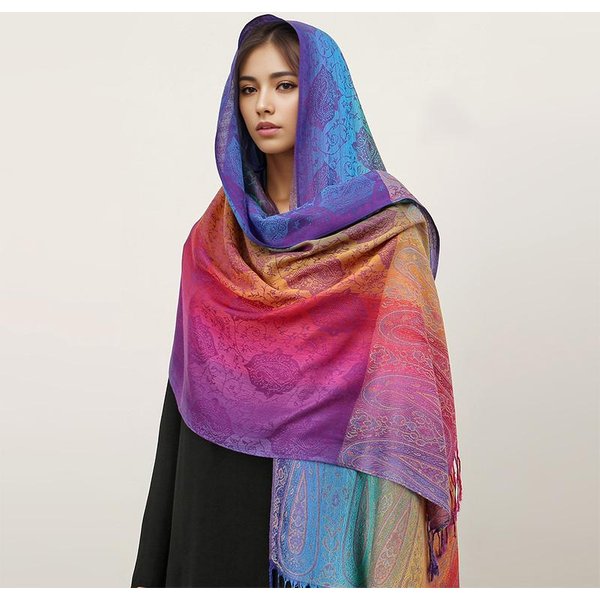 Colores Del Arco Iris Invierno CáLido Grueso Estilo ÉTnico Bufanda Jacquard Mujer Viaje MusulmáN Hijab Cachemira Borla Chal Envolvente Pashmina 70X190Cm Blue-image