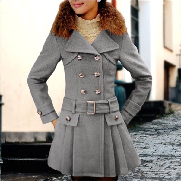 Abrigo De Lana Medio Y Largo Para Mujer VersióN Coreana De OtoñO E Invierno Abrigo De Lana Con Cuello De Piel De Color En Contraste 2XL Gray-image