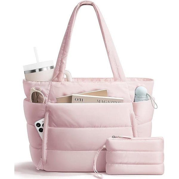 Pikowana Torba Tote DużEj PojemnośCi Dla Kobiet, Wielokomorowa Torba Na Ramię Z Uchwytem Na Kubek, Etui Na Laptop Do Codziennych DojazdóW, PodróżY I Wycieczek KTB RóżOwy-image