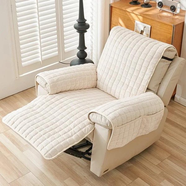 Funda Para SillóN Reclinable Individual De Felpa CáLida Con Bolsillo Franela Funda Para Sofá Individual Antideslizante Funda Para SillóN Acento Para Sala De Estar 1 Seat (53X190Cm)S Beige-image