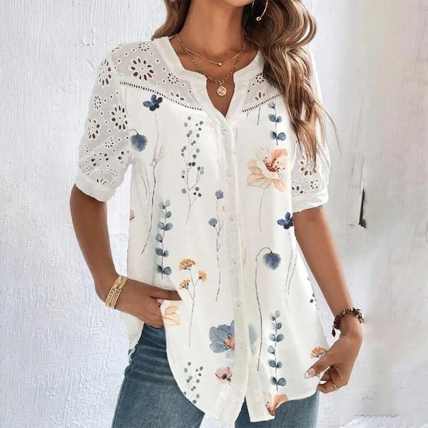 Temperamentowa Swobodna Koronkowa Koszula Damska Moda LuźNa Koszula Kobieta Elegancka Bluzka Z KróTkim RęKawem Wakacyjny Weekend L White-image