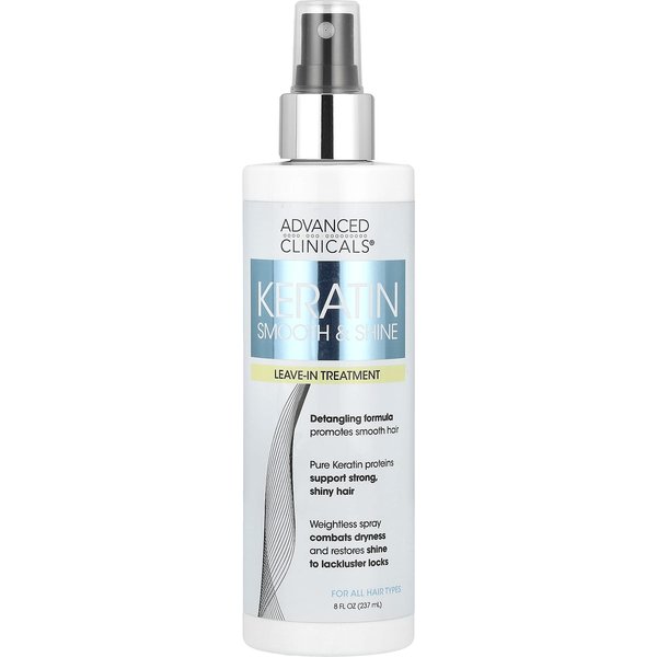 Advanced Clinicals, Keratin, Smooth & Shine, Tratamiento Sin Enjuague, 8 Fl Oz (237Ml) White-image