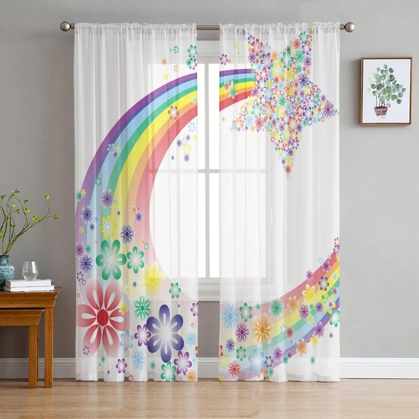 Rainbow Starlight Dream Szyfonowe Przezroczyste ZasłOny Do Salonu Dekoracje Do WnęTrz Do Sypialni Okno Woale Tiulowe ZasłOny Kurtyna W135 X H274Cm X1&Rod Pocket-image