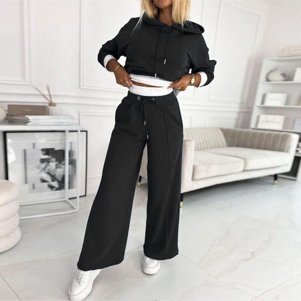 Elegancki Damski Zestaw Jesień Zima Swobodny Y2K Bluza Z Kapturem Sportowe Szerokie Spodnie DwuczęśCiowy Garnitur Dla Kobiet Streetwear S Czarny-image