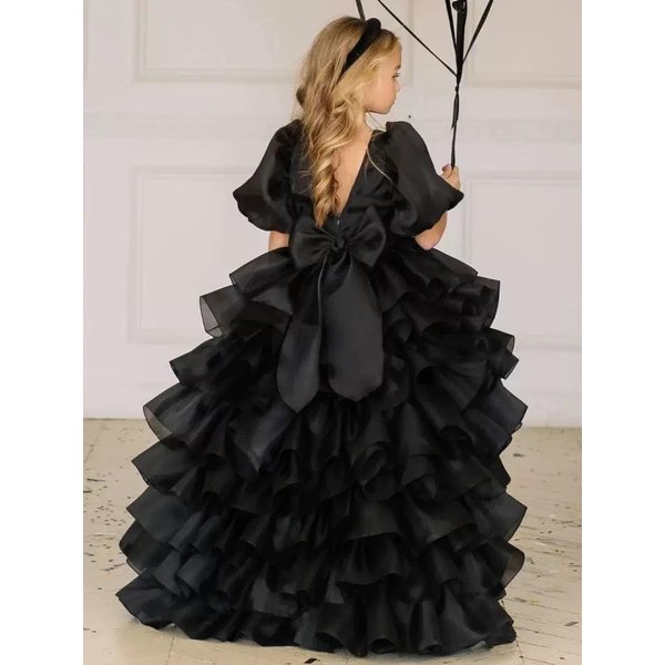 Vestido De Princesa Abullonado Con Tirantes Finos Para NiñA 2026 - Dulce Estilo Formal Corto Por Delante Largo Por DetráS 150 Cm Negro-image