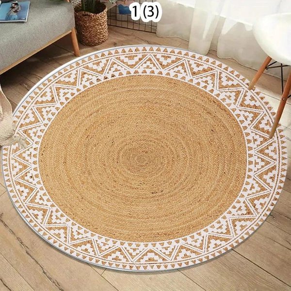 Naturalna Imitacja Juty Tekstura Kwiaty OkrąGłY Dywan Boho Farmhouse WystróJ Domu Dywan AntypośLizgowy MięKki Mata PodłOgowa Do Salonu 80X80Cm-image