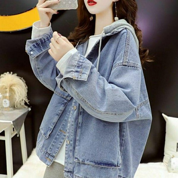 Chaqueta Vaquera Con Capucha Para Mujer Estilo Coreano Holgada Nueva Moda VersáTil Top Retro L Azul-image