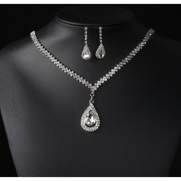 Elegante Y Lujoso Juego Nupcial De Diamantes Brillantes Con Forma De Gota De Agua, Collar Y Pendientes, Accesorios Nupciales, Juego Plata-image