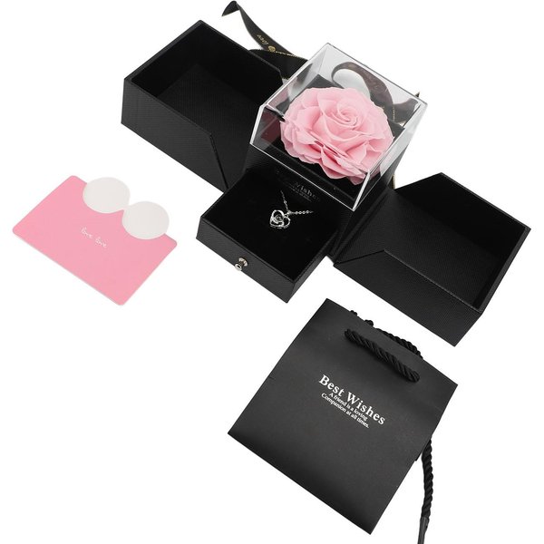 Caja De Flores Preservadas Con Collar Elegante Forro Flocado AcríLico Caja De Rosas Eternas Para Siempre Con Color Rosa-image
