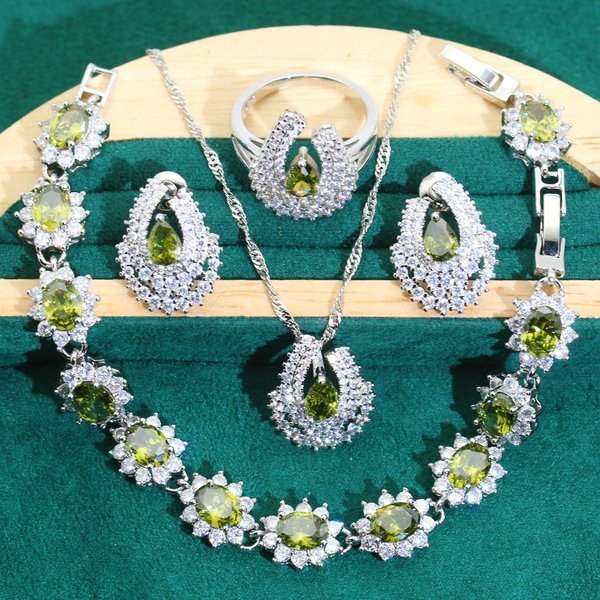 Nuevo Popular Set De JoyeríA AntialéRgico De Zirconia Pulsera Collar Pendientes Anillo Size 6 Gray-image