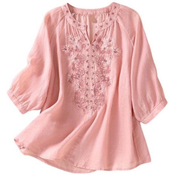 Letnia Koszula Damska V Neck Haft W Kwiaty RęKawy Trzy Czwarte LuźNa Jednokolorowa Retro Matka W śRednim Wieku Kobieca Codzienna Codzienna Bluzka M Brown-image