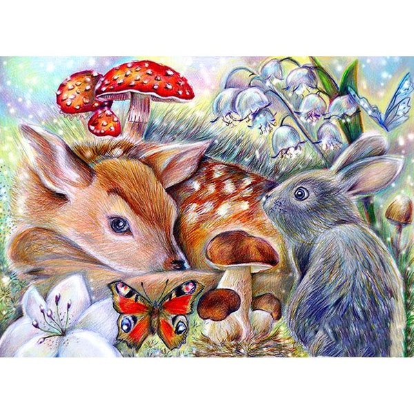 Pintura De Diamantes Redondos 5D DIY Conejo Y Seta Dibujos Animados Ciervo Bordado De Diamantes Punto De Cruz 20X30CM-image
