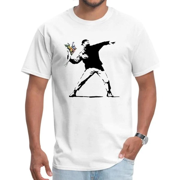 Swag Banksy Flower Thrower T-Shirty 100% BawełNy Tkanina MęSka T-Shirt MęSkie T-Shirty Nowość Street Art Designer Rebel Tees Oversize S ZłOty-image