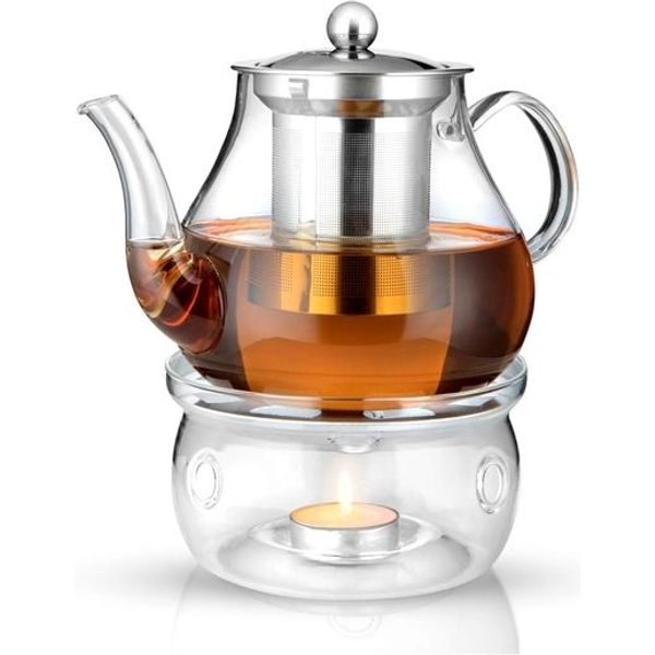 Tetera/Hervidor De Vidrio Borosilicato Octavius Con Infusor Removible De Acero Inoxidable Resistente Al Calor Y Calentador | 2 Velas De Té - 800 Ml-image