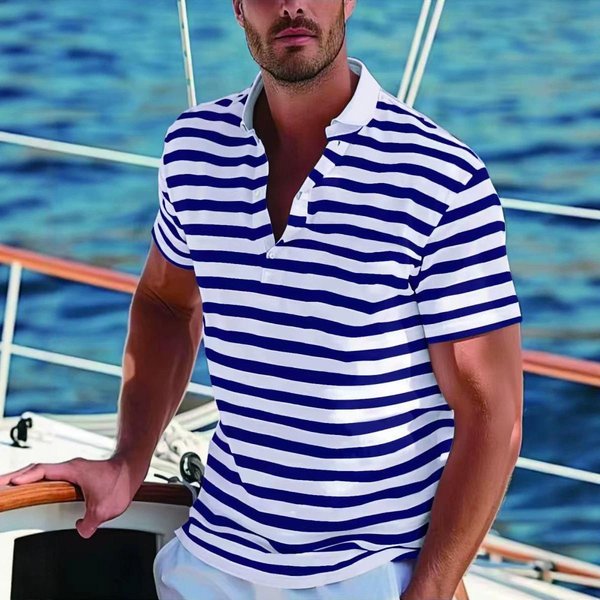 Moda De Verano Para Hombre Camisa Polo Casual De Manga Corta A Rayas Camisa Polo Deportiva Con Cuello Para Hombre Golf 100% PoliéSter XL Azul Royal-image