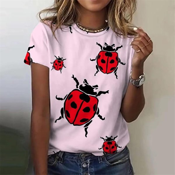 Biedronka Druk 3D Damskie T-Shirty Top KróTki RęKaw Moda Ulica OkrąGłY Dekolt T-Shirt Damska Odzież Codzienna Lato Komfort L-image