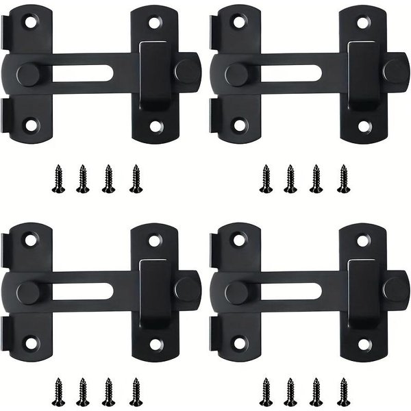 4 Piezas Pestillo De Seguridad Para Puerta Corredera, Acero Inoxidable Negro Mate, Pestillo Para Puerta De Granero, Para Puerta De Granero, Puerta Para Mascotas, Puerta Corredera, FáCil InstalacióN, Con Tornillos 4-Pack Negro-image