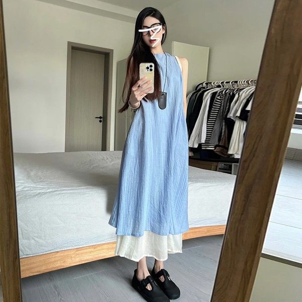Vestido De Dos Piezas Falso Ropa De Mujer Verano Nuevo Suelto Y Delgado Colgante Temperamento Falda Larga XXL Azul-image