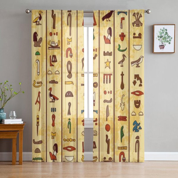JeroglíFicos Egipcios Antiguos Sobre Papiro Papel Viejo Cortinas Transparentes De Gasa Sala De Estar Dormitorio Ventana Visillos Cortina De Tul 135W X 114H(Cm) Beige-image