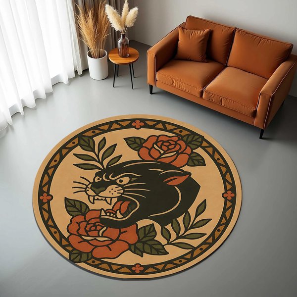 1 Szt. OkrąGłY Dywanik W Stylu Retro Z Wzorem Pantery, AntypośLizgowa Mata PodłOgowa Do Salonu, Sypialni, łAzienki, Dekoracja Domu Wakacyjnego 80X80Cm Flannel-image