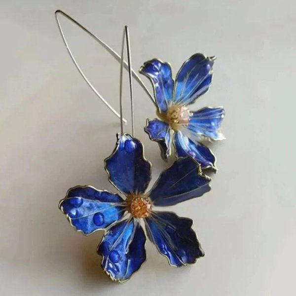 Pendientes De Estilo ÉTnico Para Mujer Flor Azul Floreciente Metal Color Cobre Largo Pendientes Colgantes Con Incrustaciones JoyeríA Regalo Femenino De Moda-image