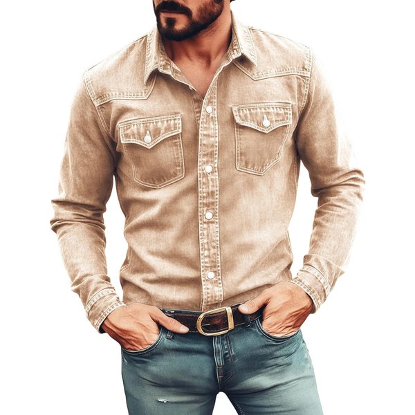 Camisa Vaquera De Manga Larga Para Hombre, Informal, Corte Holgado, Con Botones, Cuello CláSico De Solapa Y Dos Bolsillos En El Pecho Para El Uso Diario XL Beige-image