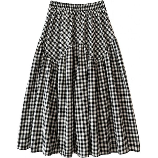 Damska SpóDnica Midi W Kratkę WzóR Szwy KróJ A Rozkloszowana Elastyczna Wysoki Stan Styl Retro Falbany Codzienne Ubranie Wysoka Jakość Praktyczna Do Codziennego UżYtku One Size Czarny-image