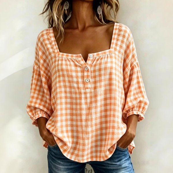 Blusa Casual A Cuadros De Corte Holgado Para Mujer Manga Tres Cuartos Botones Delanteros Cuello Cuadrado Top Ligero CóModo Camisa M Beige-image