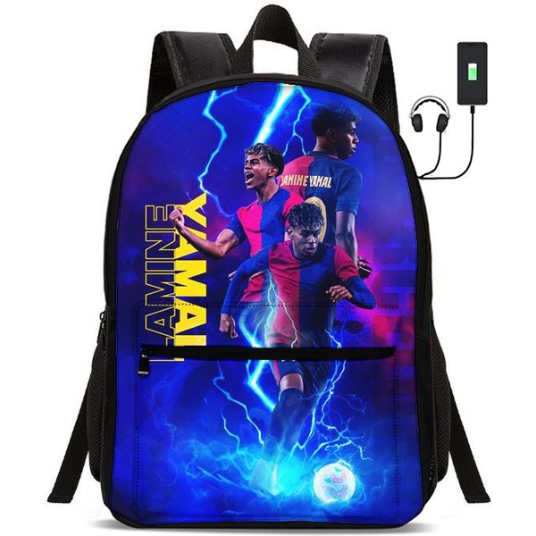 L-Lamin Yamal Mochilas Escolares Infantiles Mochila Estrella De FúTbol Con Interfaz USB Bolsa Para Estudiante Rucksack Deportivo Bolsa Para Libros Regalo Para NiñOs Black-image