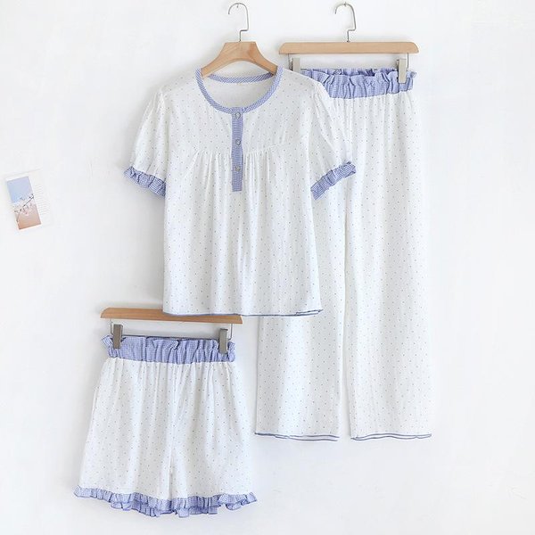 Primavera Y Verano Nuevo Pijama De Mujer Conjunto De Tres Piezas Manga Corta + PantalóN Corto + PantalóN 100% AlgodóN Gasa Lunares Conjunto Ropa De Casa XL Blanco-image
