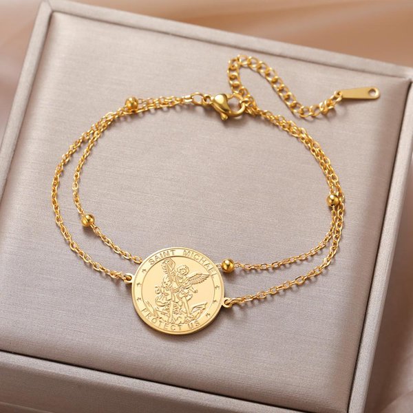 Dawapara Bransoletka ArchaniołA ŚWięTego MichałA Dwustronnie RzeźBiony Amulet Chroń Nas Modlitwa Amulet BiżUteria Ze Stali Nierdzewnej Beige-image
