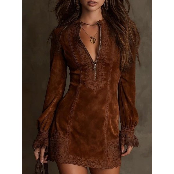 Vestido Suelto Bordado De Manga Larga Con Escote En V, Ribete De Encaje Y Cremallera Para Mujer M Black-image