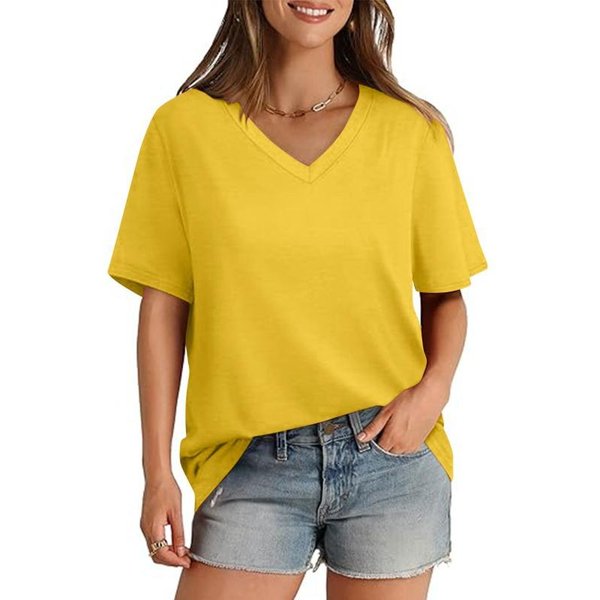 Camiseta De Mujer Verano Cuello En V Manga Corta Color SóLido Casual Holgada Top 6XL Amarillo-image