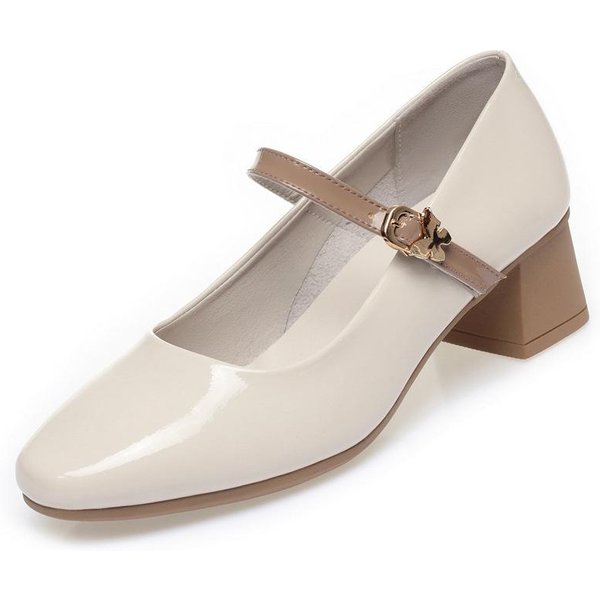 Primavera Nuevos Zapatos Mary Jane Negros Para Mujer Cuero Suave TacóN Cuadrado Zapatos De Vestir Boca Baja Correa Con Hebilla Zapatos Individuales 36 White-image