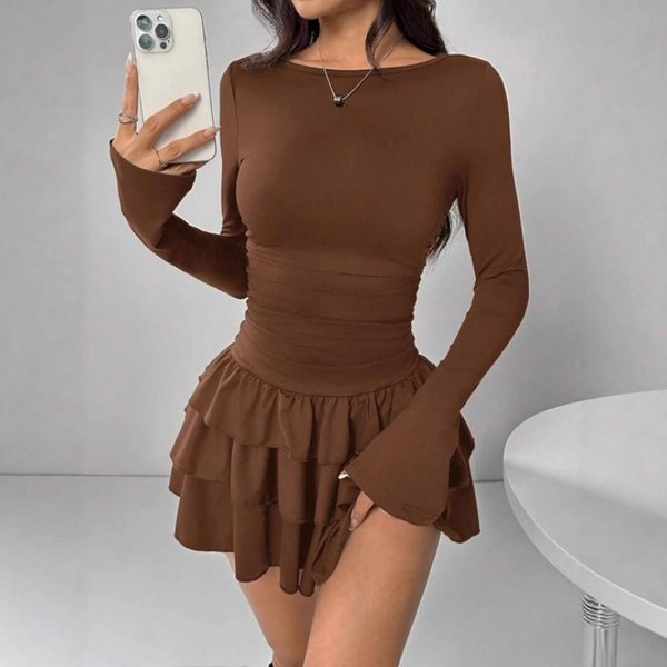 Kobiety Jesień Zima Jednolity Kolor Dopasowana Mini Sukienka Elegancki RęKaw Rozkloszowany Wysoki Stan Sukienki Na Imprezę XXS White-image