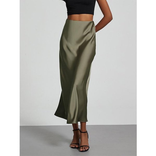 Moda SatéN Fiesta Falda Larga Cintura Alta Color SóLido Casual BáSica Faldas Mujer Falda Cola De Pez Chic Verano Ropa Mujer XS Verde Oscuro-image